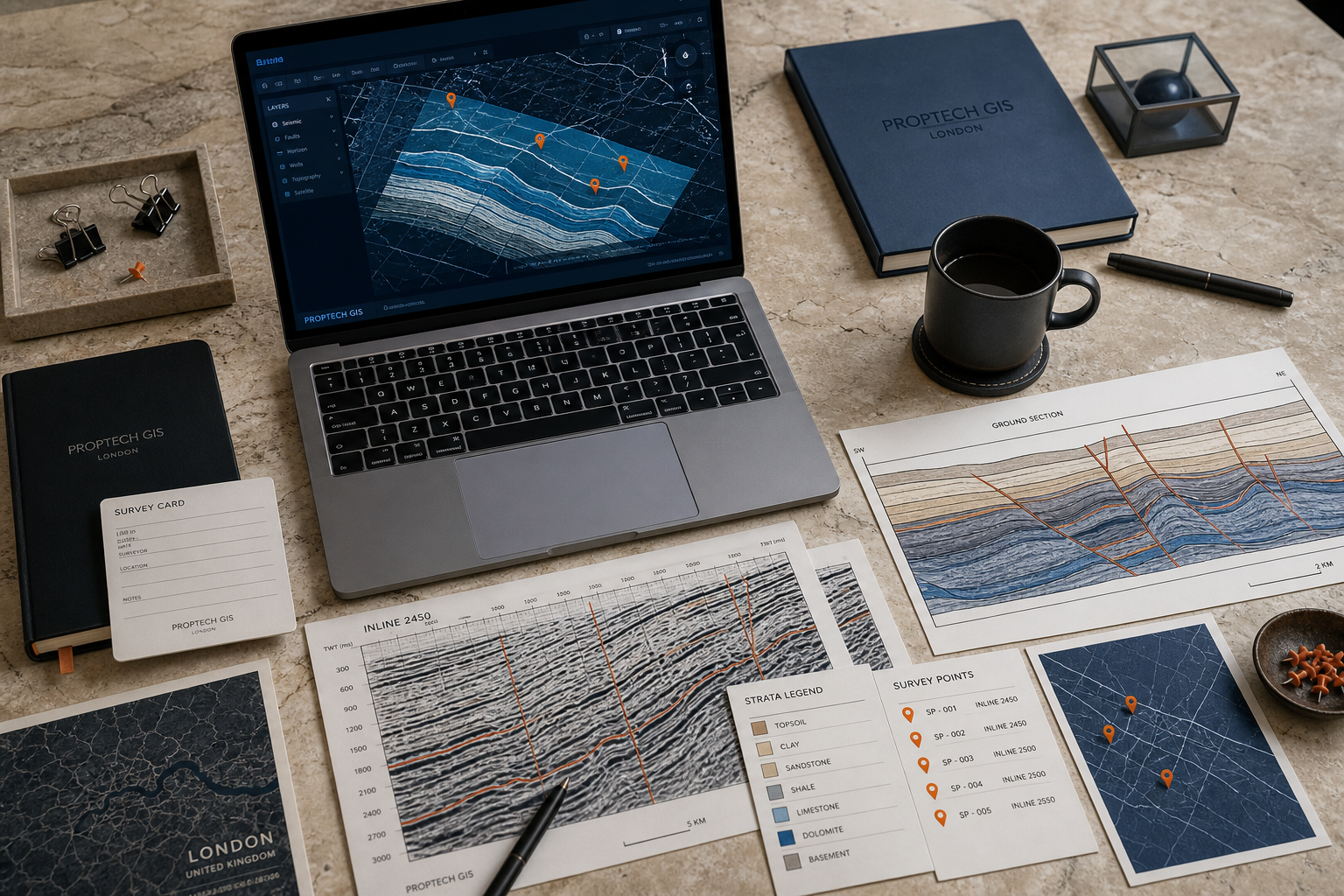 Seismic survey desk with GIS mapping software and ground-section diagrams