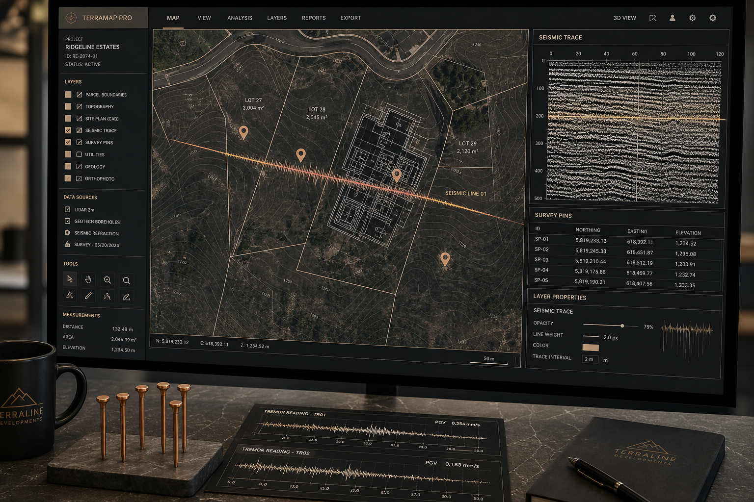 GIS civil engineering software interface with seismic trace overlay on parcel mapping